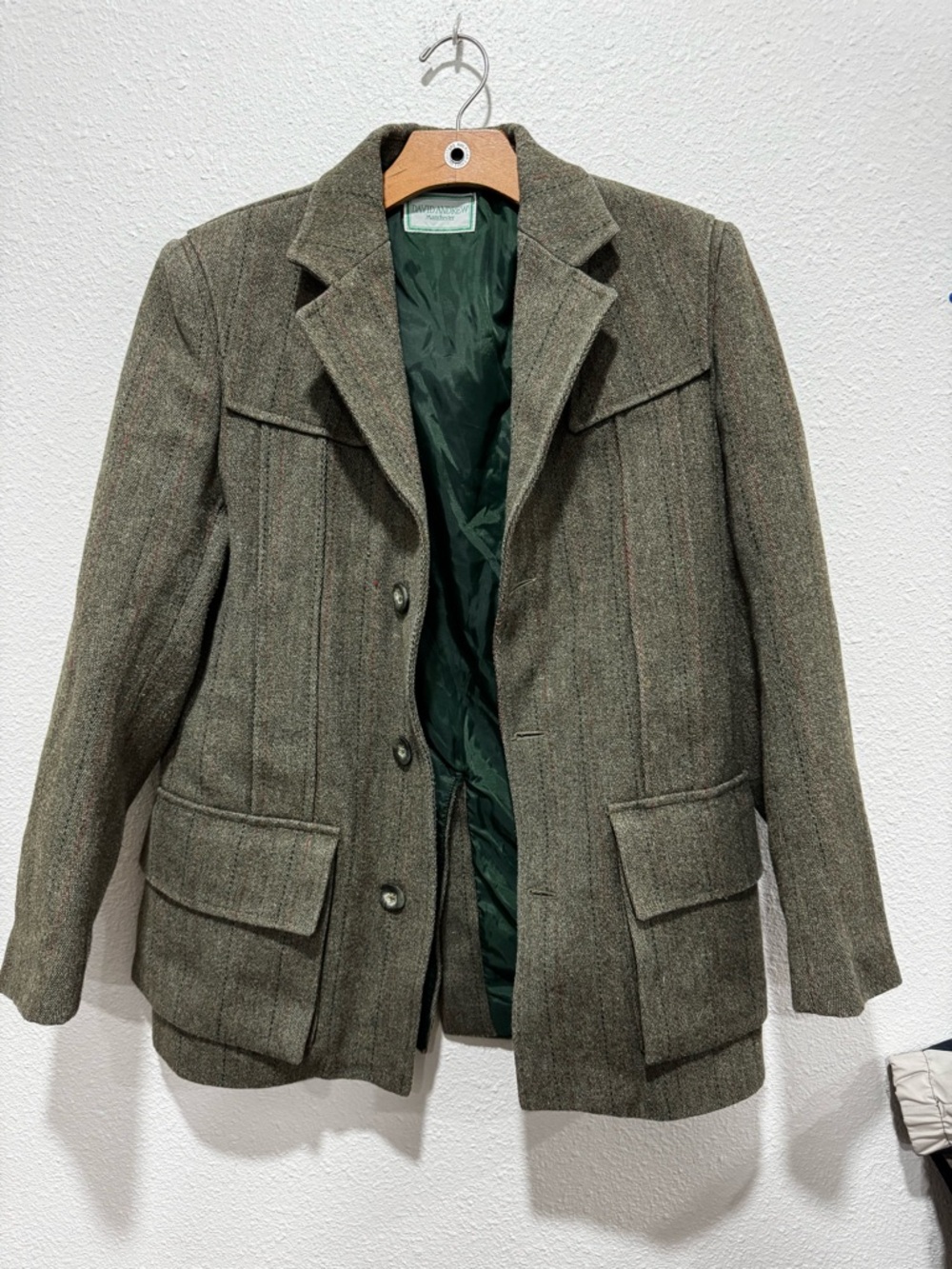 Dark Academia Wool Tweed Blazer Jacket in Olive Green